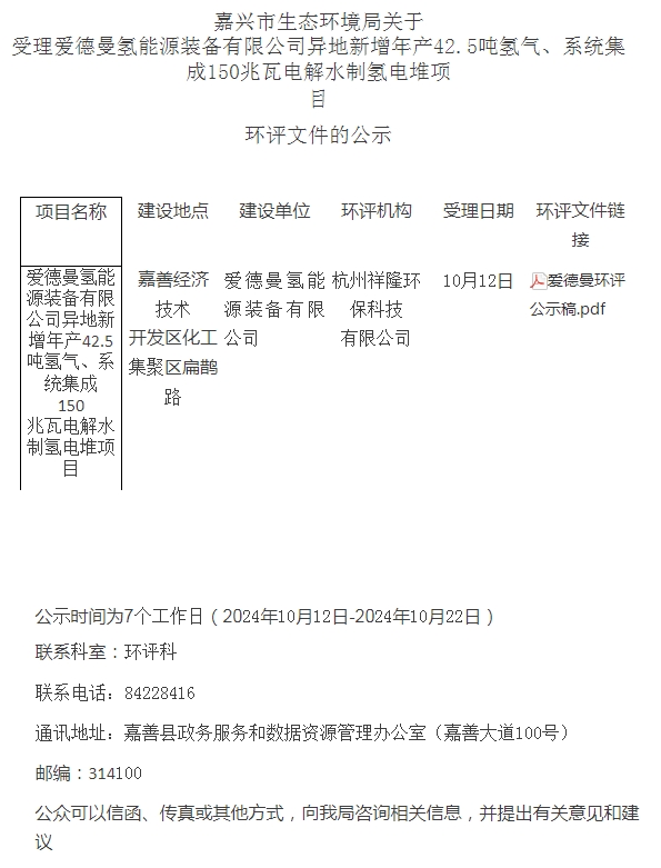 嘉兴电解水制氢电堆项目环评文件公示