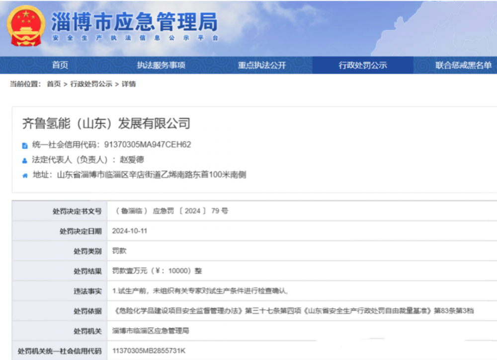 山东这家氢能企业，被罚了！
