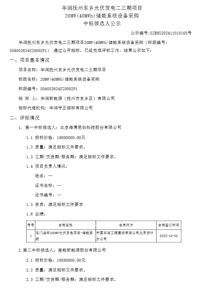 折合单价约0.495元/Wh！华润抚州东乡光伏发电二三期项目储能系统设备采购中标候选人公示