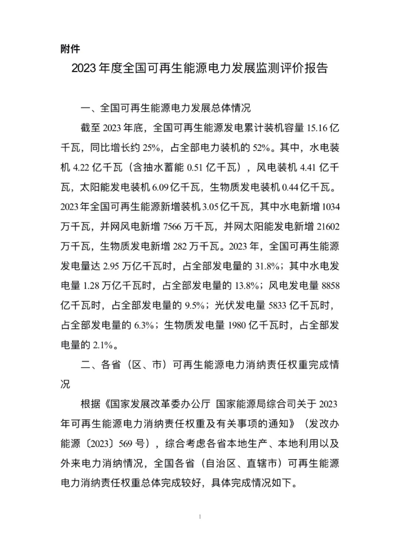国家能源局发布《2023年度全国可再生能源电力发展监测评价报告》