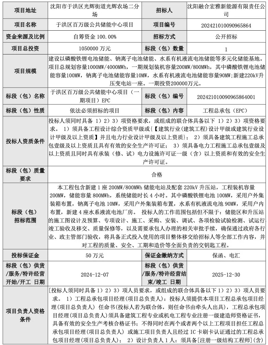 200MW/800MWh！辽宁省发布于洪区百万级公共储能中心项目一期EPC招标
