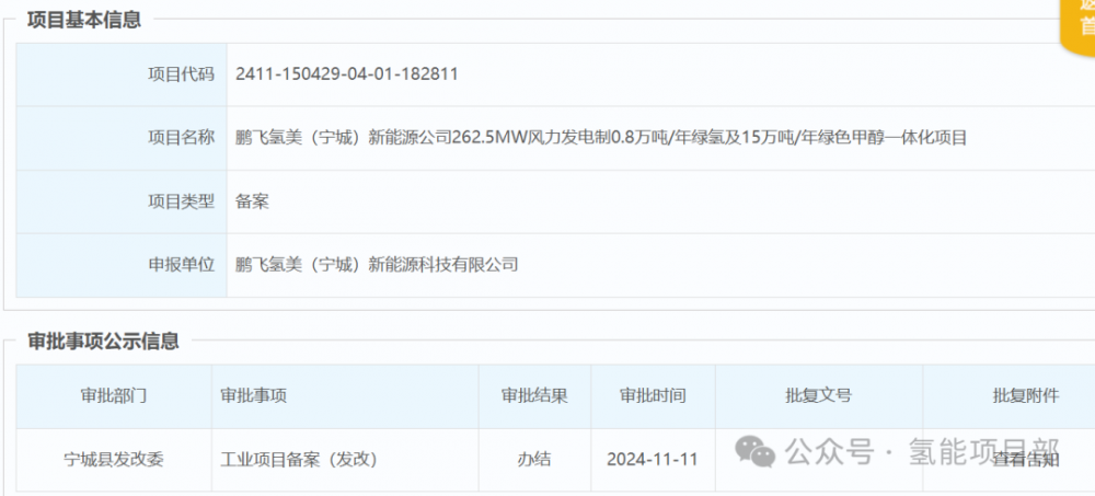 鹏飞15万吨绿色甲醇项目获批！