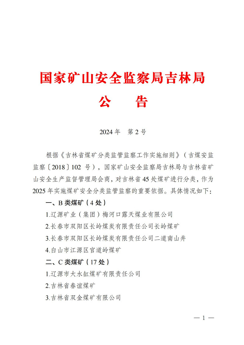 吉林省45处煤矿分类