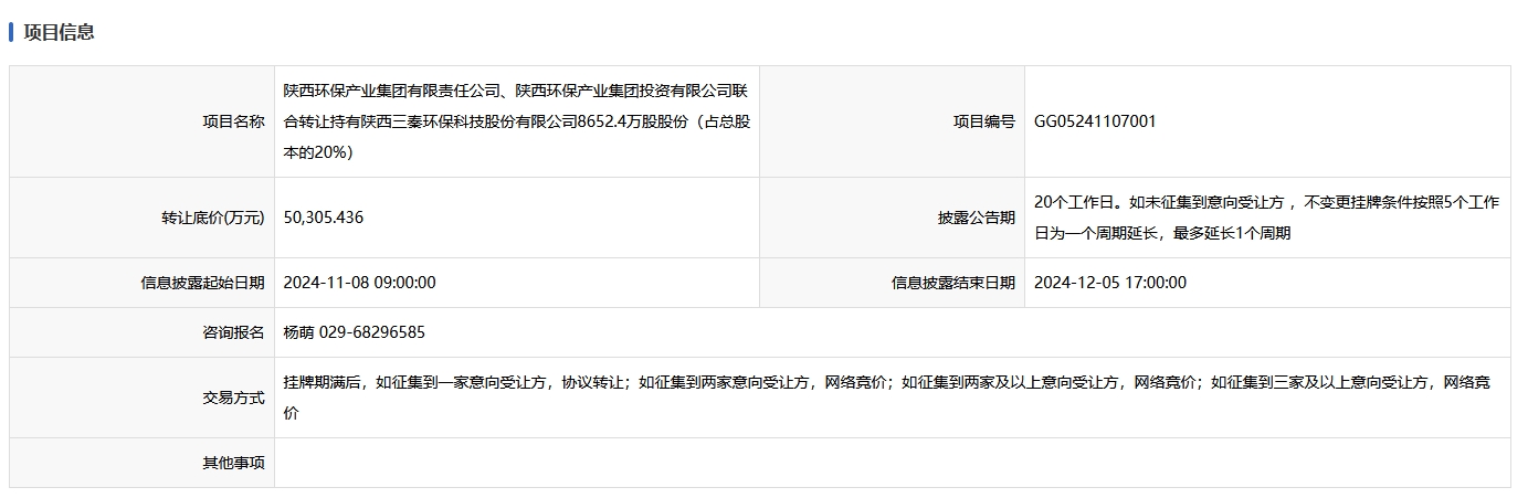 5亿!！陕西环保集团转让三秦环保20%股权
