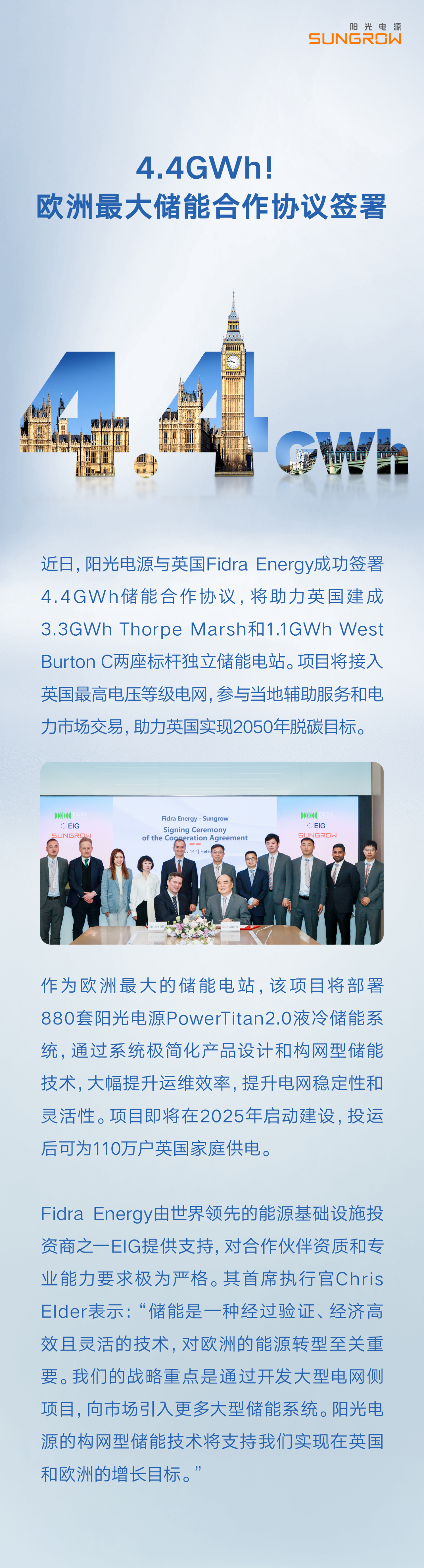 4.4GWh！阳光电源与英国Fidra Energy成功签署储能合作协议