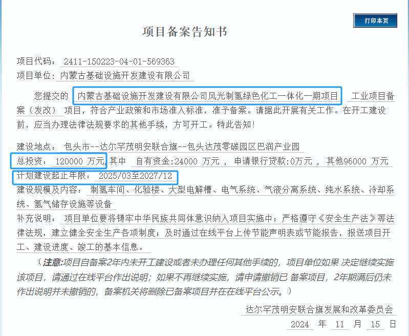 内蒙古两个风光制氢绿色化工项目同时备案
