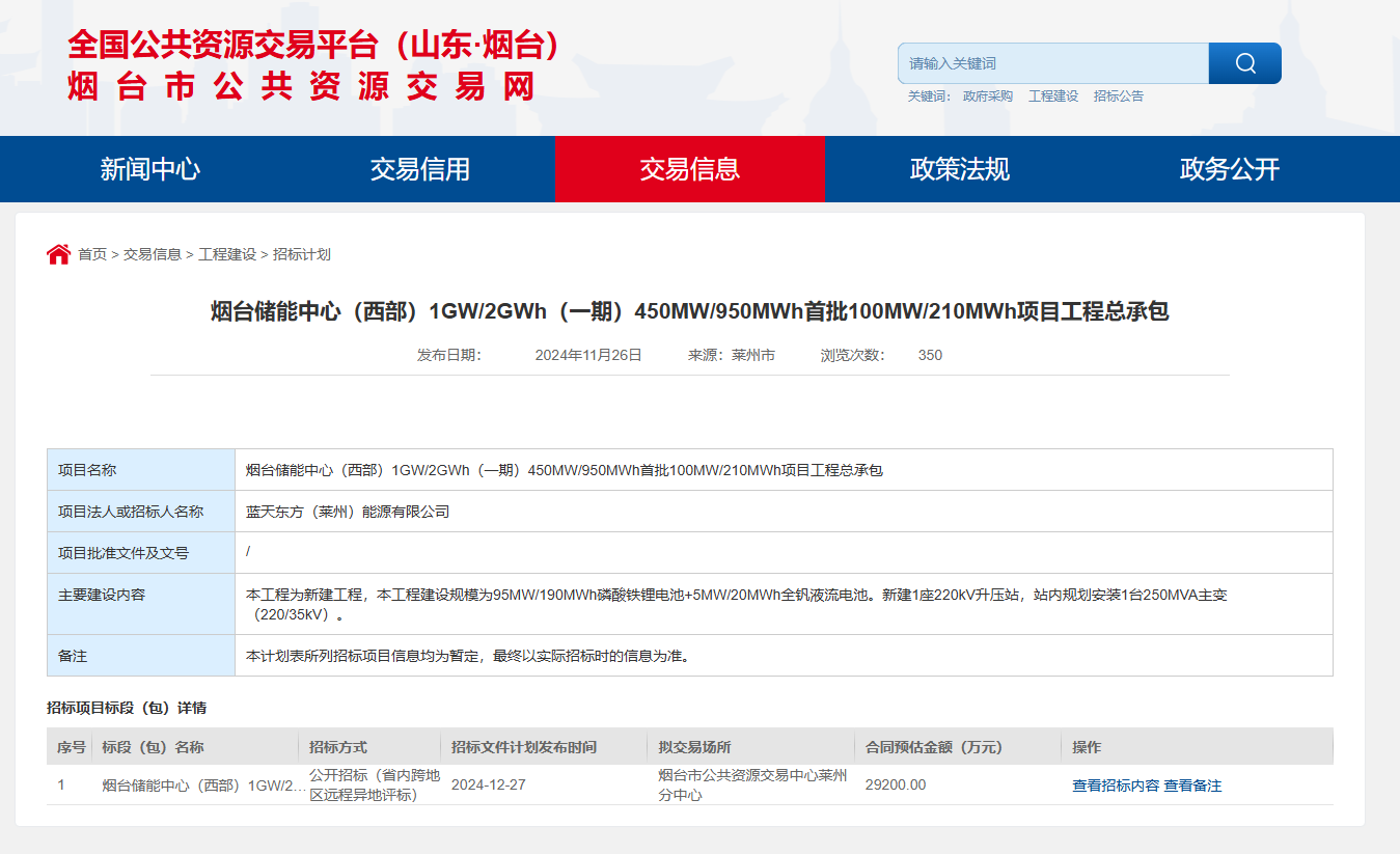 首批100MW/210MWh！烟台储能中心（西部）项目工程总承包招标计划发布
