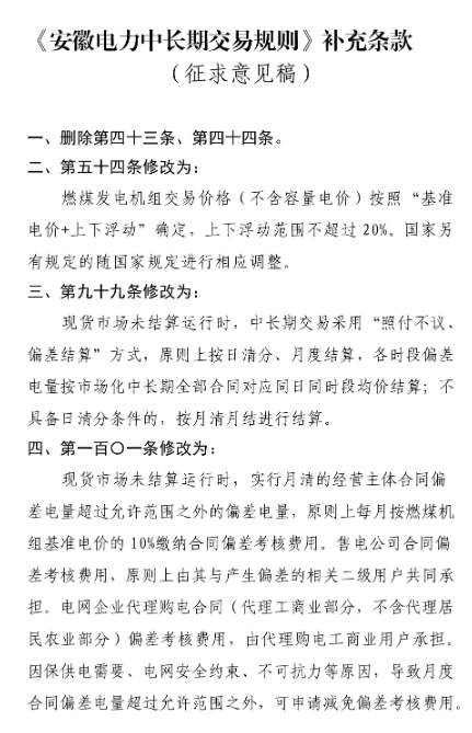 《安徽电力中长期交易规则》补充条款（征求意见稿）：​现货市场未结算运行时 中长期交易采用“照付不议、偏差结算”方式