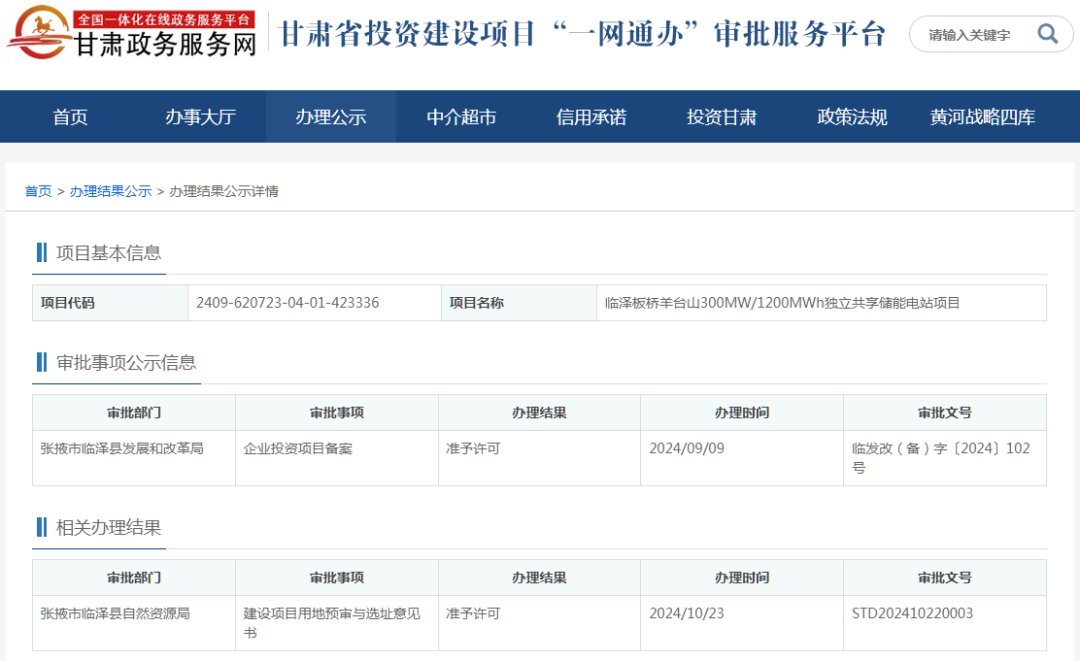 300MW/1200MWh！甘肃临泽板桥羊台山独立共享储能电站项目距开工更进一步