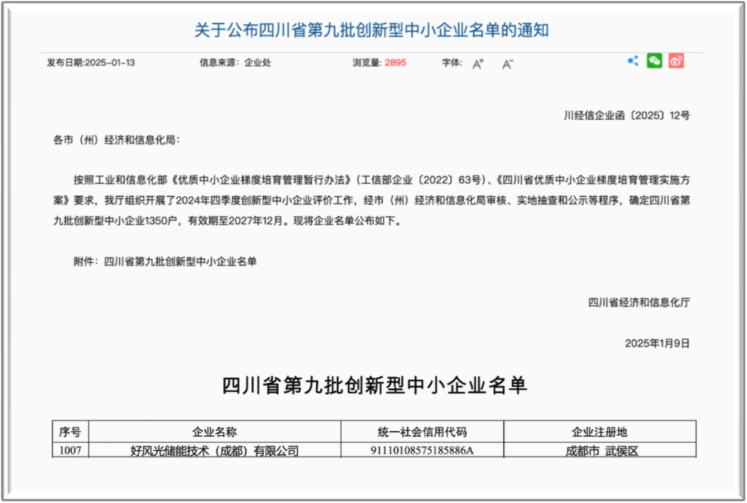 好风光储能荣获四川省“创新型中小企业”称号