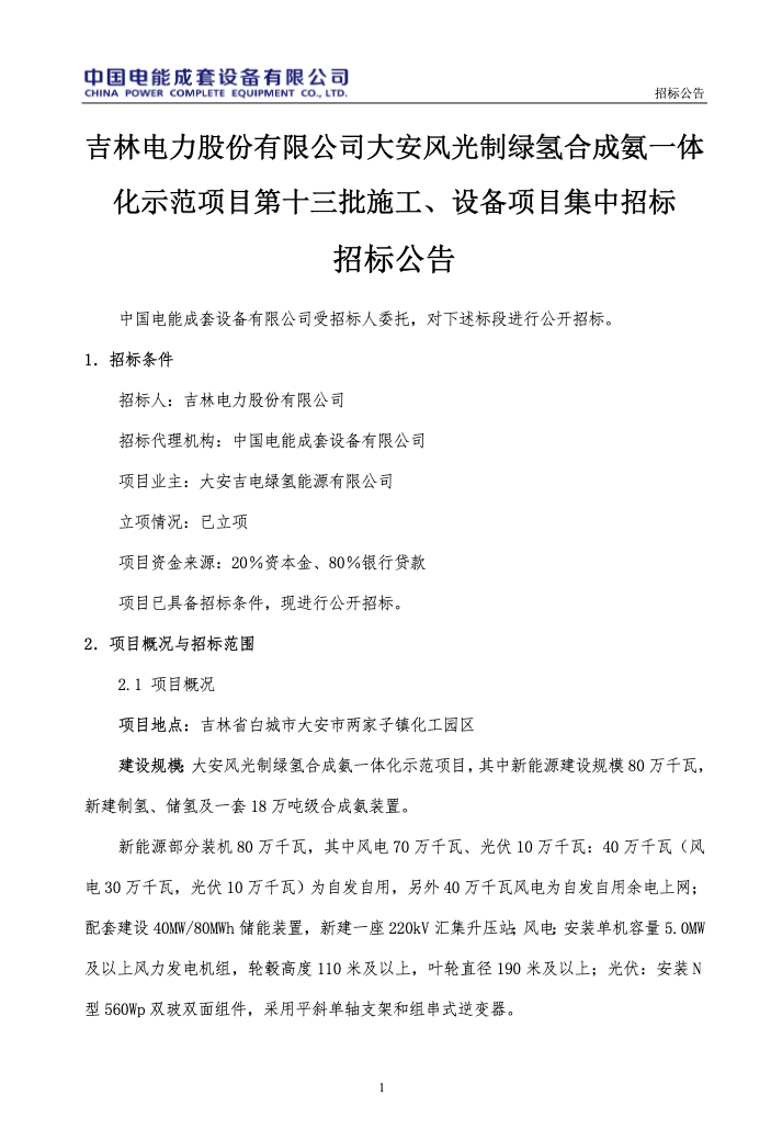 招标 | 大安风光制绿氢合成氨一体化示范项目13个标段集中招标！