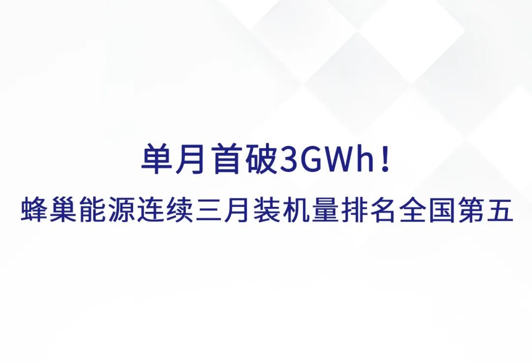单月首破3GWh！蜂巢能源连续三月装机量排名全国第五