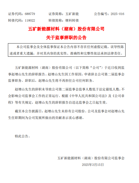 赵增山辞去五矿新能源材料(湖南)股份有限公司监事职务