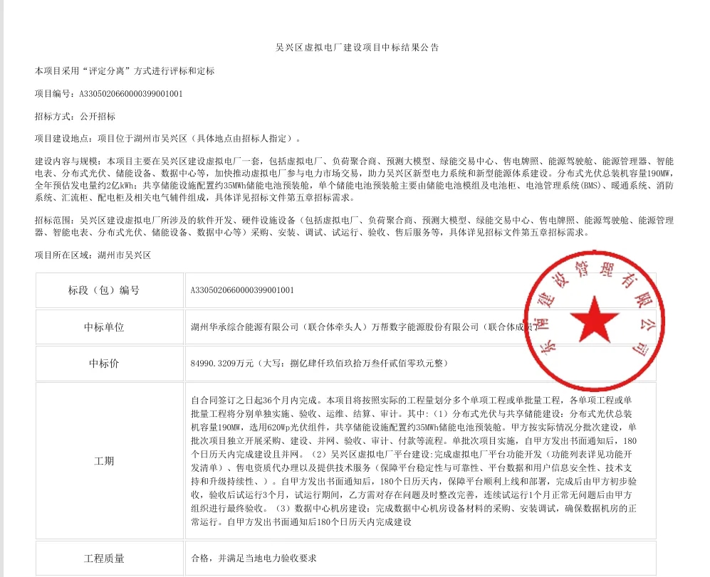 中标 | 配置35MWh共享储能！湖州华承&万帮数字联合体中标浙江湖州190MW分布式光储虚拟电厂项目
