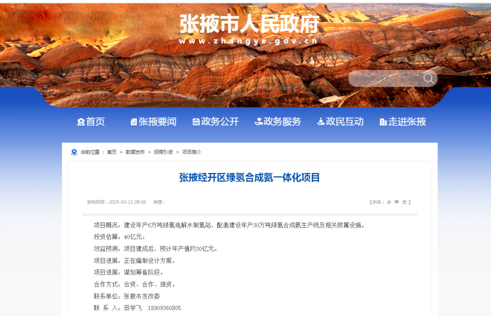 甘肃张掖经开区绿氢合成氨一体化项目正在编制设计方案