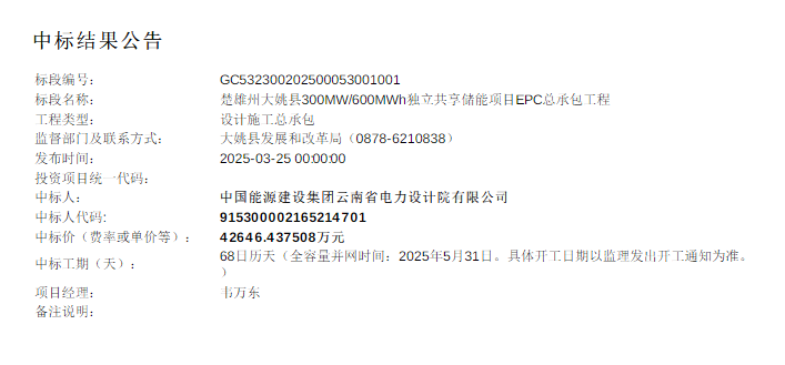 中标 | 0.71元/Wh！中能建云南院中标楚雄州300MW/600MWh独立共享储能EPC