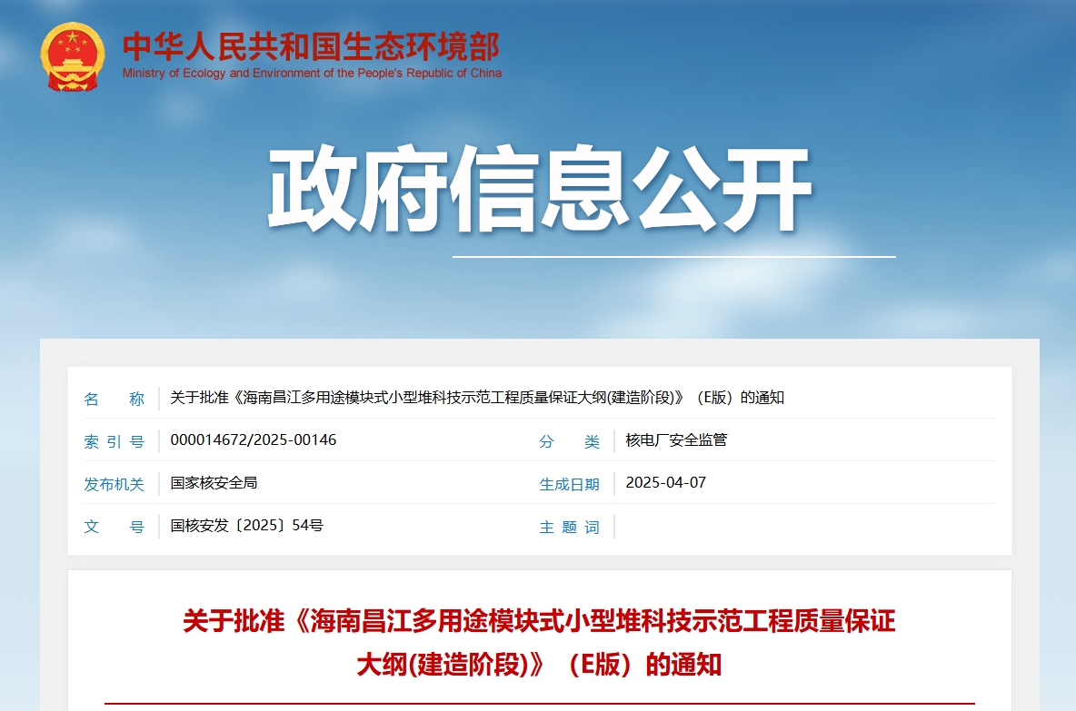 关于批准《海南昌江多用途模块式小型堆科技示范工程质量保证大纲(建造阶段)》（E版）的通知