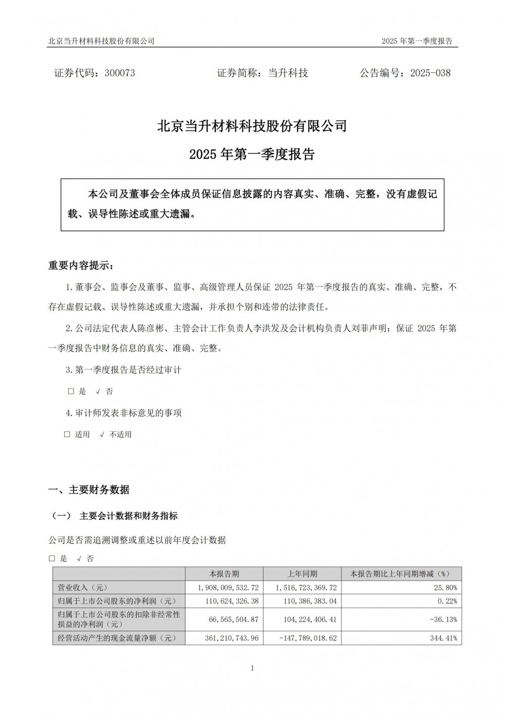 当升科技2025年第一季度净利润约1.11亿元，同比增加0.22%