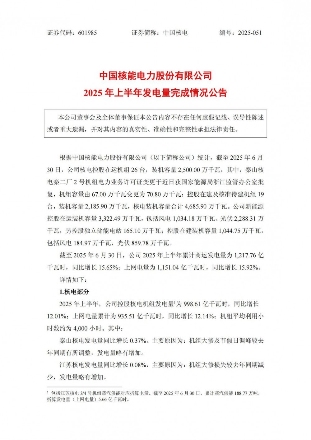 中国核电：截至2025年上半年控股独立储能电站165.10万千瓦