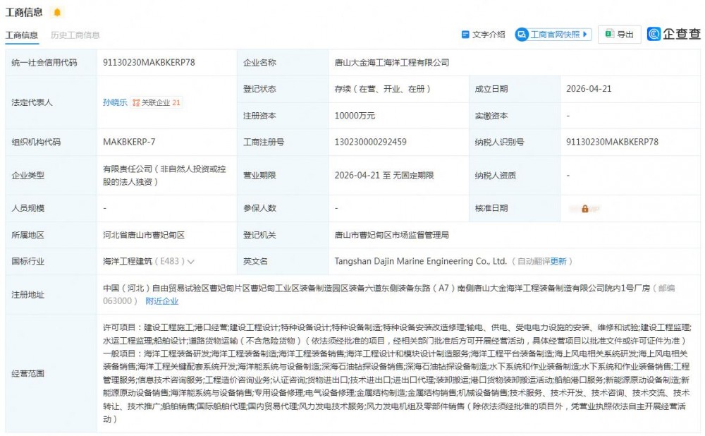 涉及海上风电相关业务！大金重工成立新公司！
