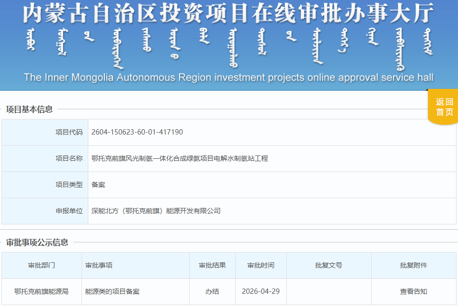 总投资13.26亿元！内蒙古一绿氨项目获批