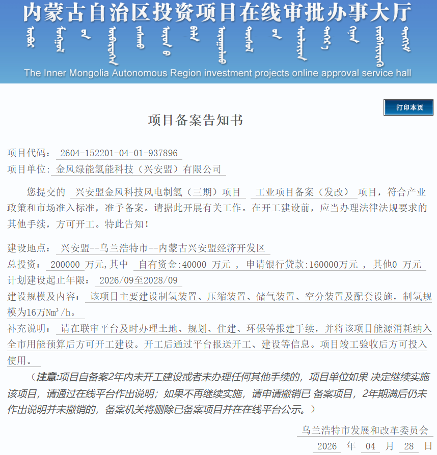 16万Nm³/h！总投资20亿元风电制氢项目获批！
