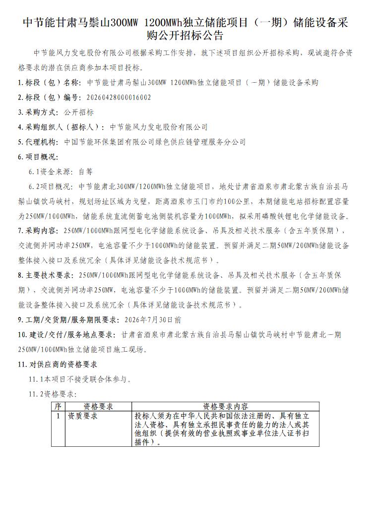 招标 | 250MW/1000MWh！甘肃马鬃山储能设备采购