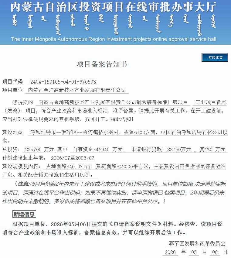 总投资22.97亿元！内蒙古一制氢装备标准厂房项目变更获批