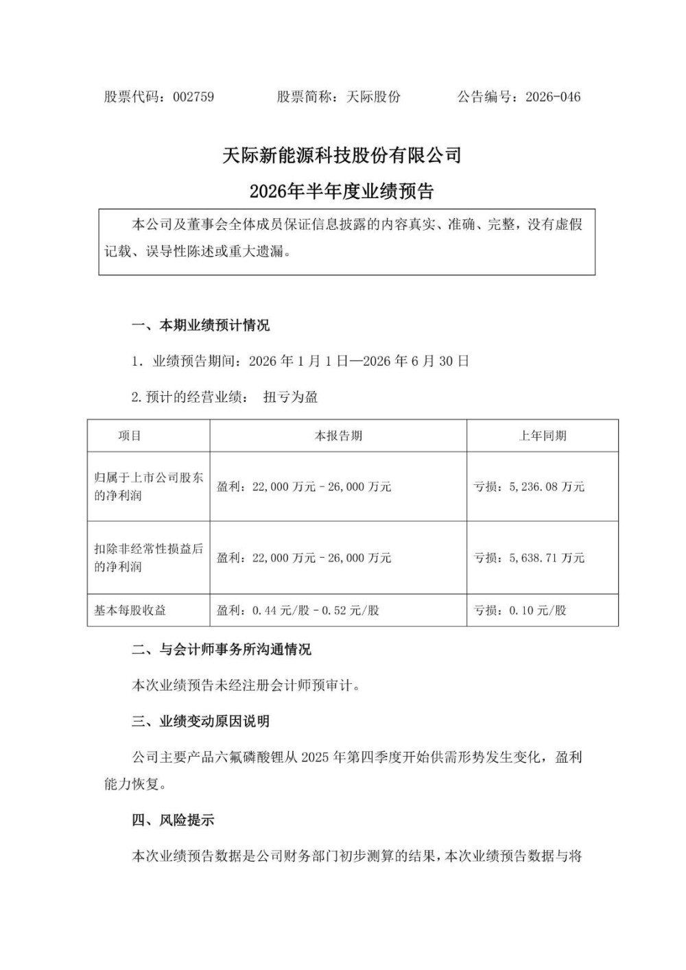 天际股份预计2026年上半年盈利2.2亿元-2.6亿元