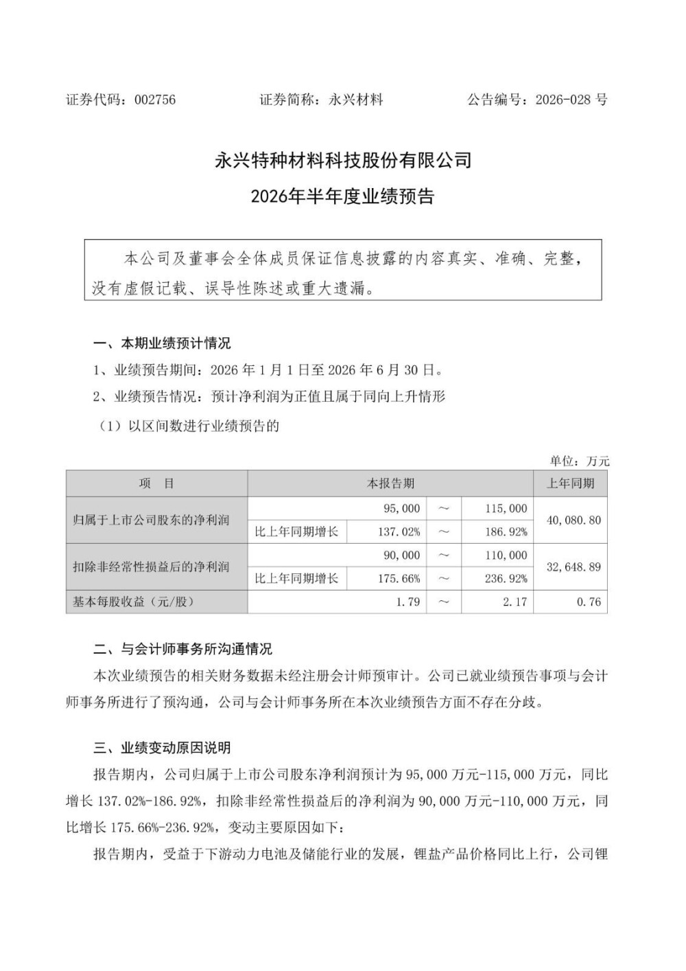 永兴材料2026年上半年归母净利润同比预增137%至187%