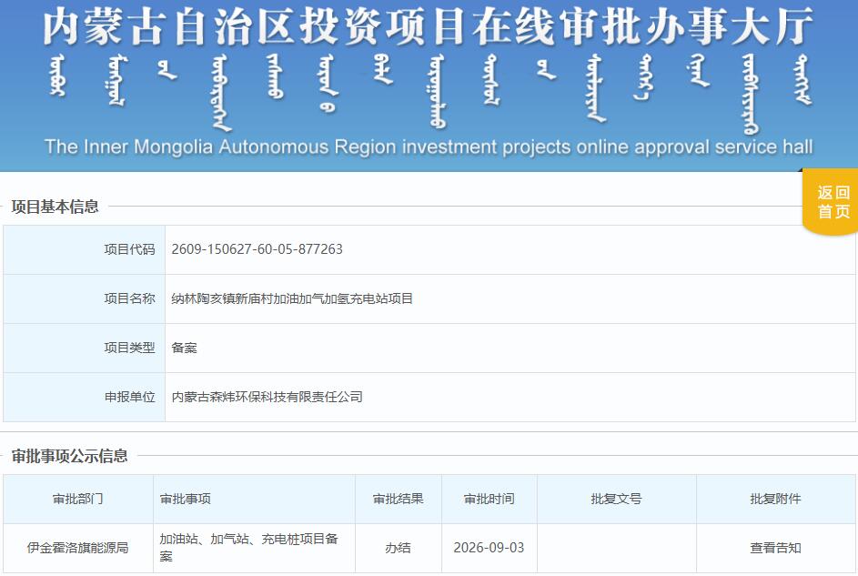 总投资2500万元！内蒙古纳林陶亥镇新庙村加油加气加氢充电站项目获备案