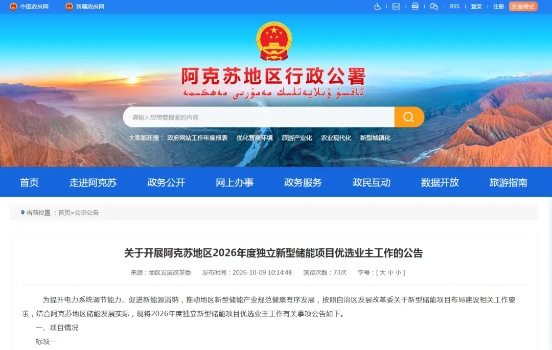 不低于800MW/4h！新疆阿克苏地区2026年独立储能项目优选
