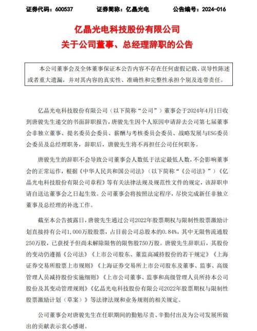 官宣！亿晶光电总经理、董事唐骏离职