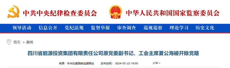 四川能投原党委副书记、工会主席夏公海，被开除党籍