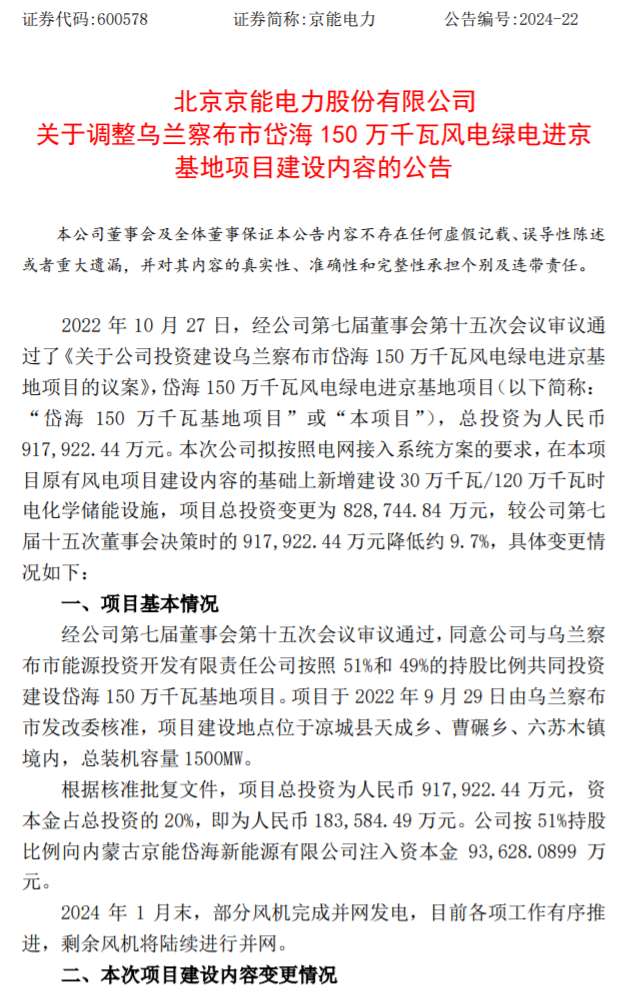 总投资降9.7%！京能电力调整乌兰察布1.5GW风电绿电进京基地项目建设内容