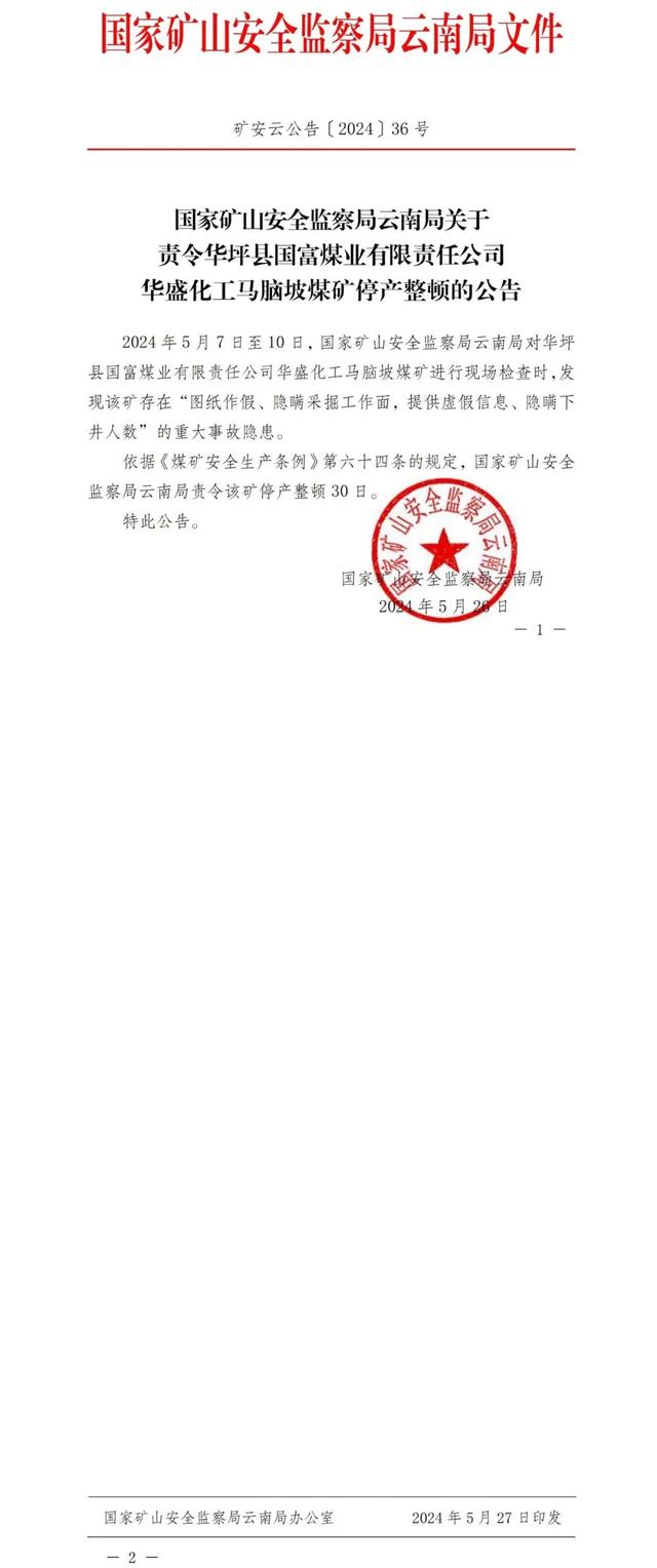 云南省华坪县国富煤业有限责任公司华盛化工马脑坡煤矿停产整顿