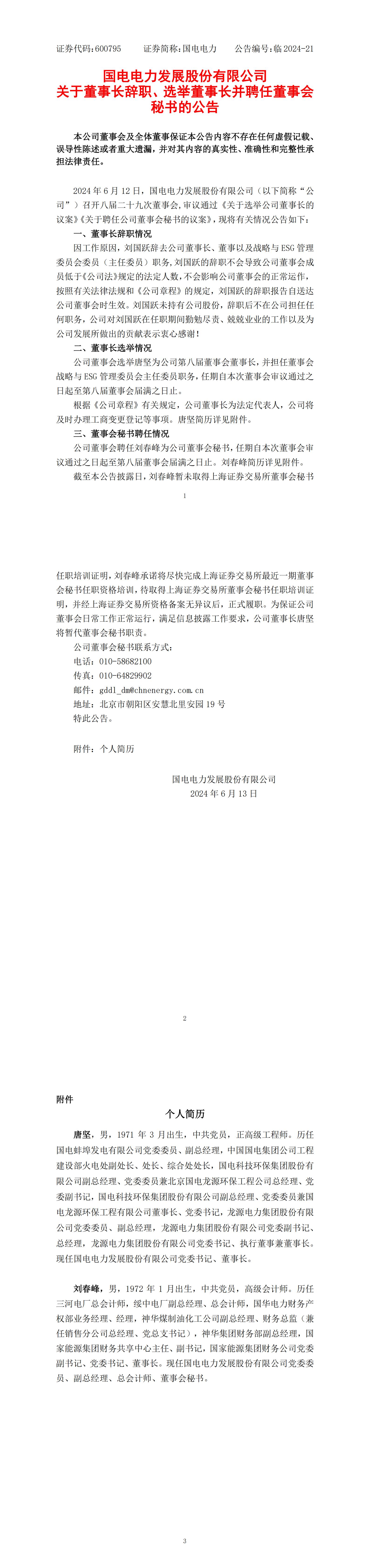 国电电力董事长调整