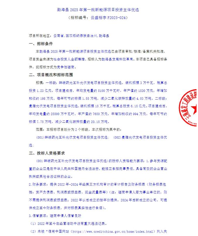 总投资7.38亿元！云南勐海县2025年第一批新能源项目优选投资主体