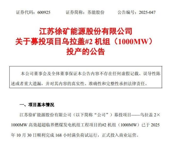苏能股份乌拉盖 2×1000MW超超临界燃煤发电项目实现“双投”