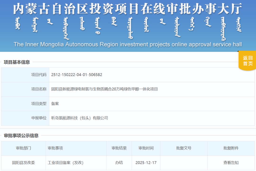 重磅！内蒙古42亿元绿色甲醇项目备案通过