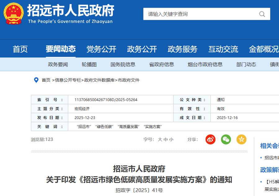 推动“风光氢储”高效发展！山东招远市发布绿色低碳高质量发展实施方案