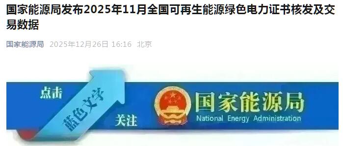 国家能源局：11月份风电核发绿证7596万个，交易绿证5475万个
