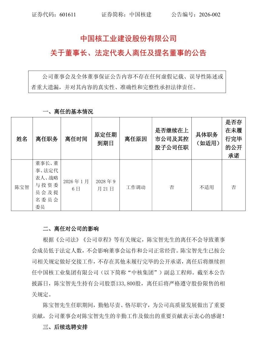 中国核建董事长陈宝智因工作调动辞职