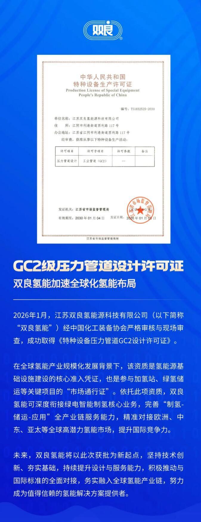 特种设备资质加持 | 双良氢能取得《GC2级压力管道设计许可证》