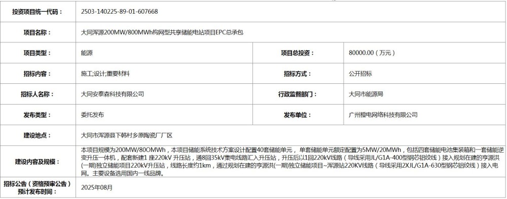 招标 | 山西大同浑源200MW/800MWh构网型共享储能电站EPC总承包招标计划发布