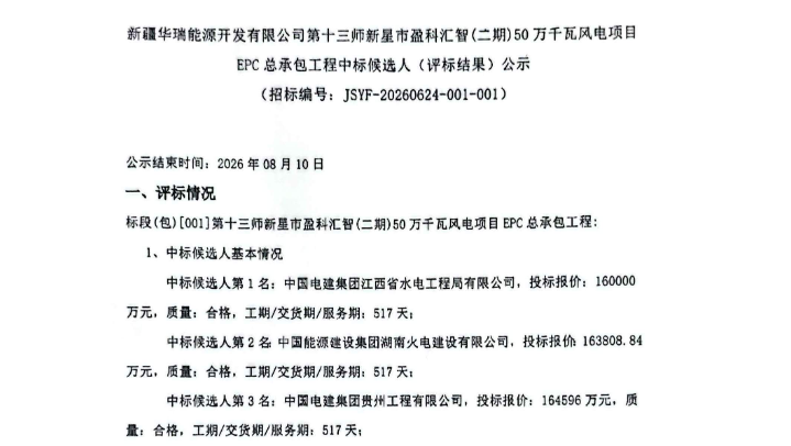 中标 | 3200元/kW！新疆500MW风电EPC评标结果公示