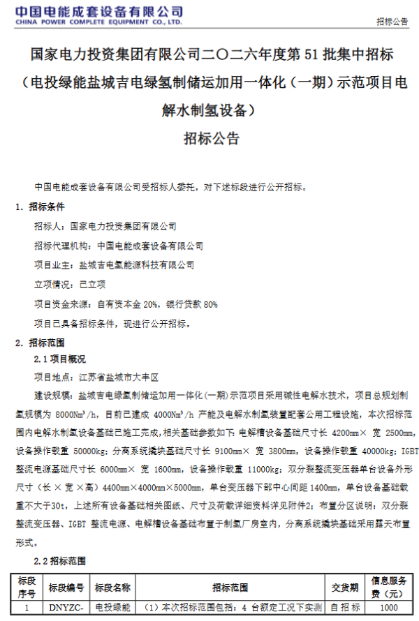 招标 | 国家电投：4台碱性电解槽招标！