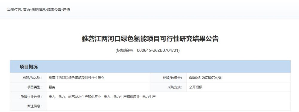 中标 | 雅砻江两河口绿色氢能项目可行性研究结果公告