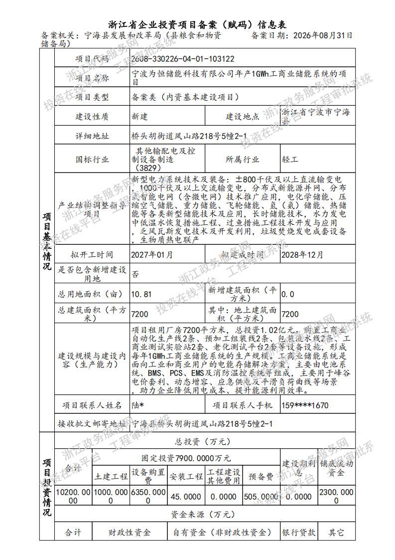 宁波为恒储能科技有限公司年产1GWh工商业储能系统的项目获备案