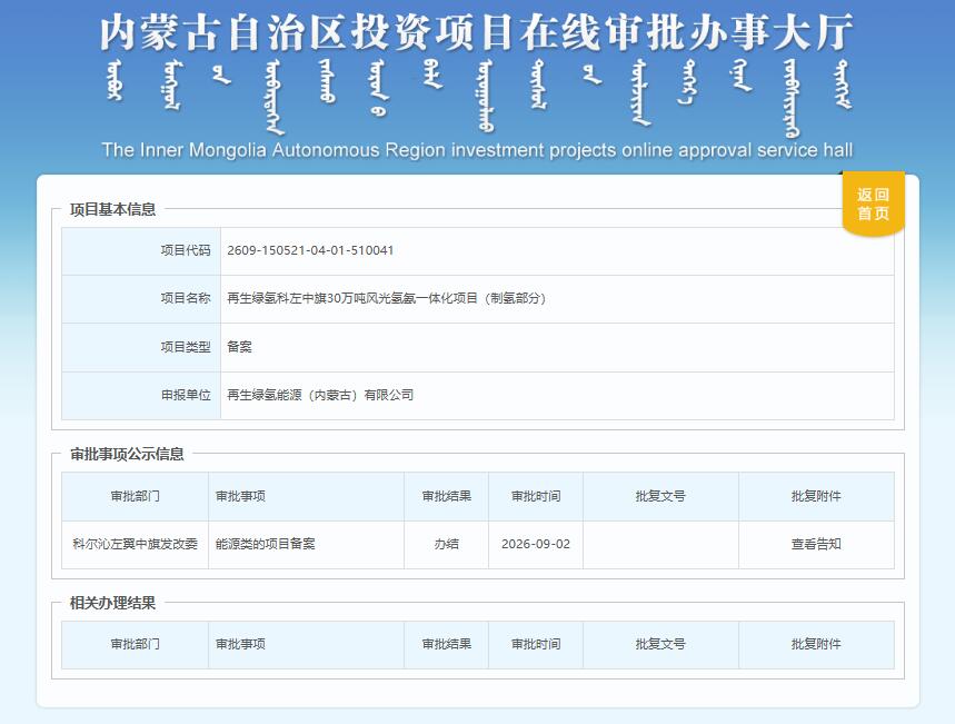 内蒙古再生绿氢科左中旗30万吨风光氢氨一体化项目（制氢部分）获备案